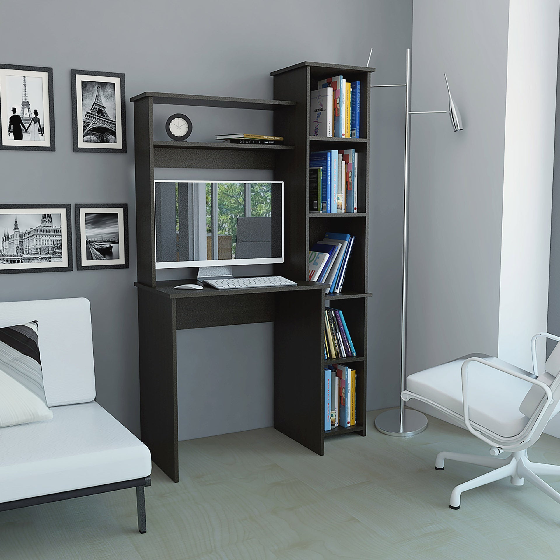 Wenge 6-Shelf Writing Desk with Built-in Bookcase