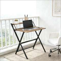 Folding Computer Desk,  with Monitor Shelf for Small Space, Home Office, Study, Walnut