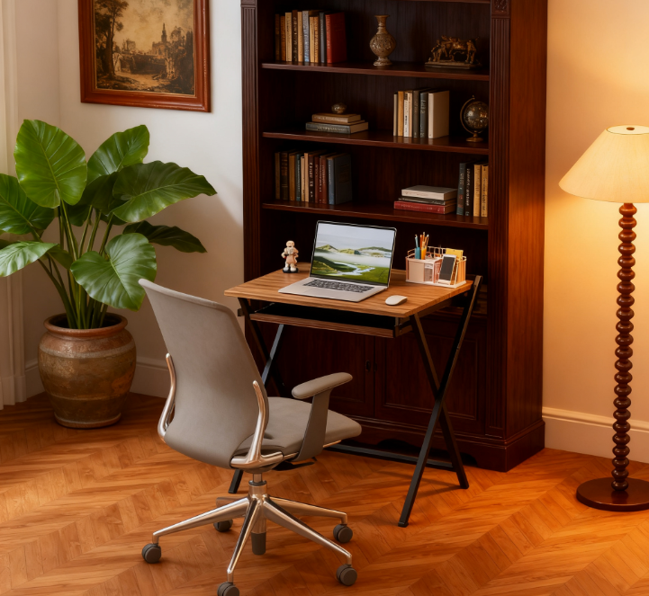 Folding Computer Desk,  with Monitor Shelf for Small Space, Home Office, Study, Walnut
