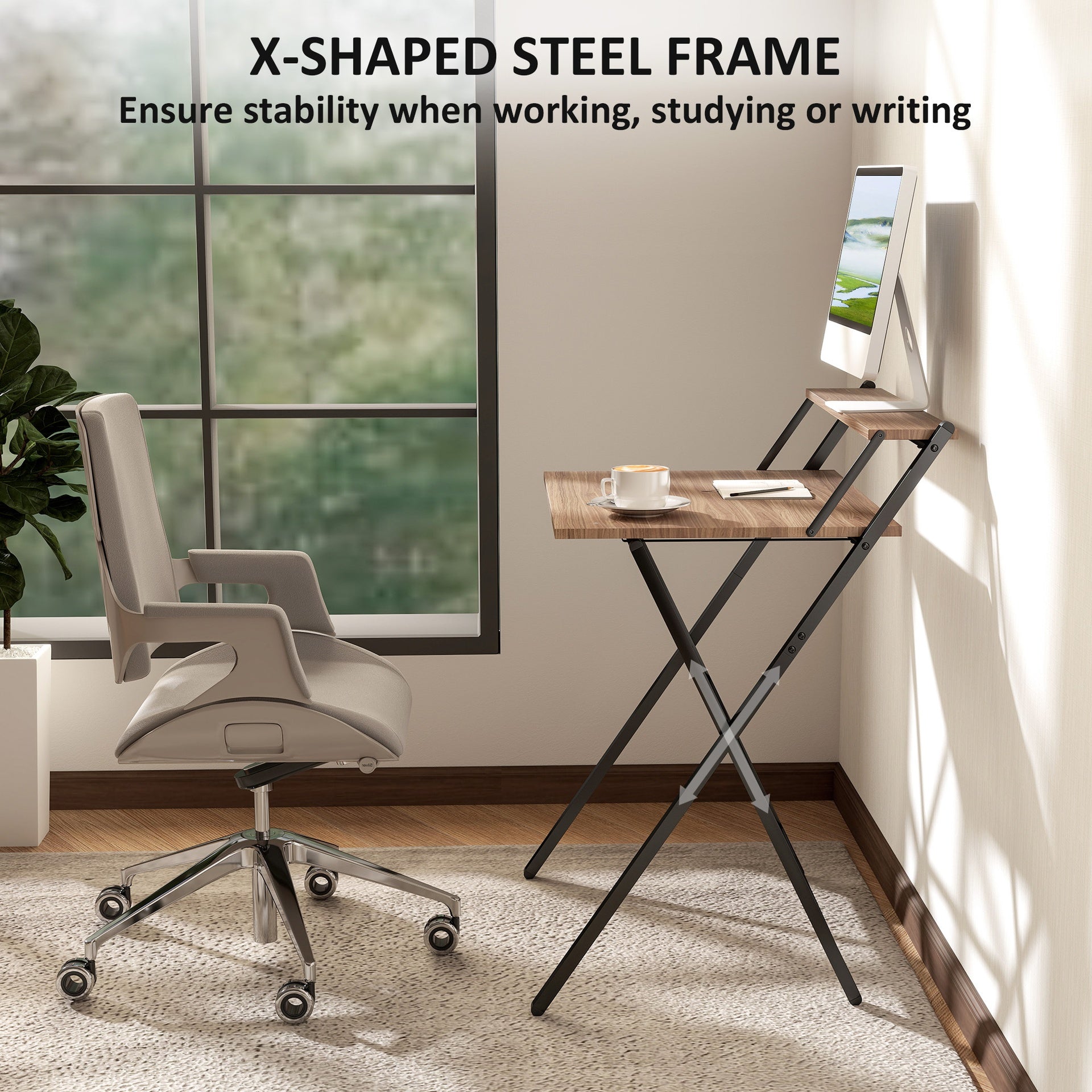 Folding Computer Desk,  with Monitor Shelf for Small Space, Home Office, Study, Walnut