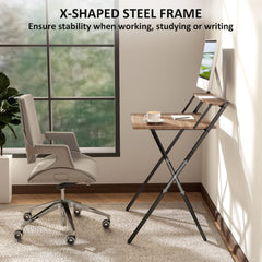 Folding Computer Desk,  with Monitor Shelf for Small Space, Home Office, Study, Walnut