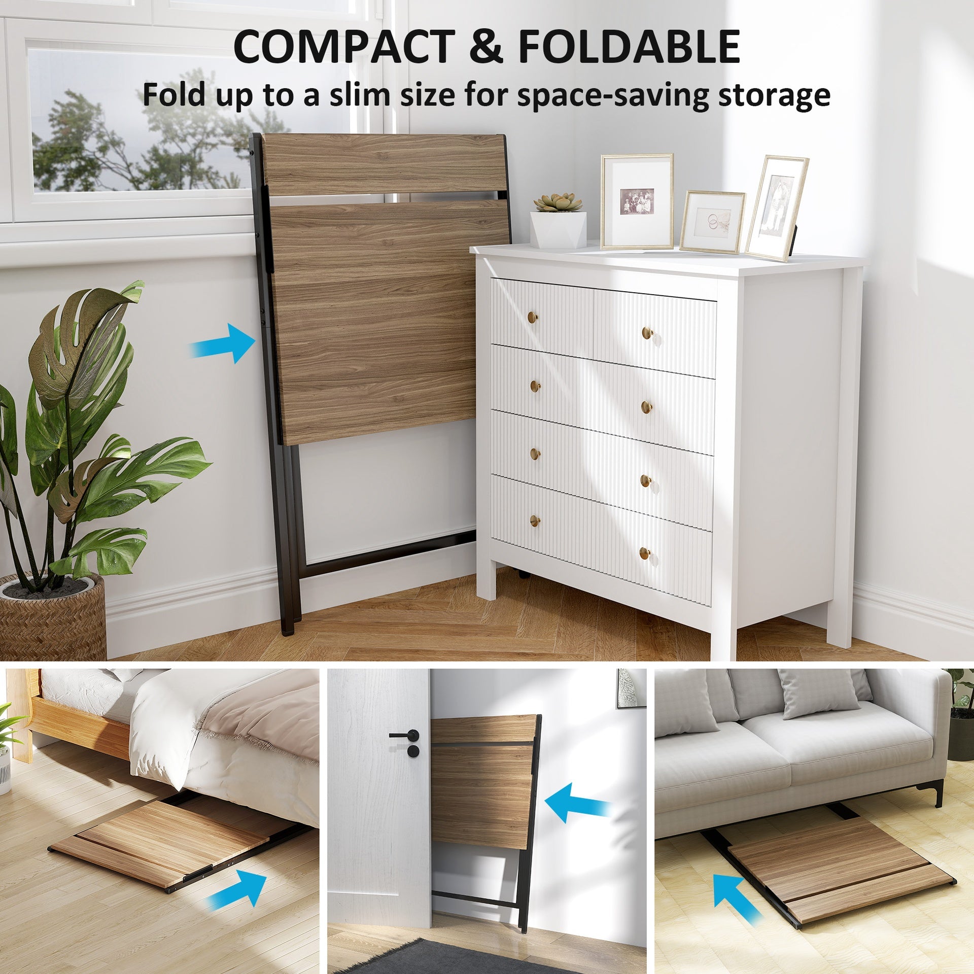 Folding Computer Desk,  with Monitor Shelf for Small Space, Home Office, Study, Walnut
