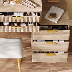 7-Drawer Vanity Desk with LED Mirror & Carved Details, Fluted Makeup Table with Metal Legs and PU Stool, Carved Dressing Table with Jewelry Storage for Bedroom