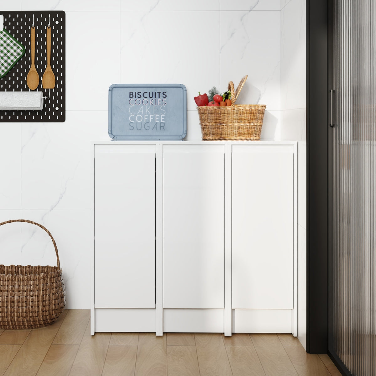 36" Freestanding Bathroom Storage Cabinet, Soft Close Doors, Glossy White, Plywood, KD-Packing, 12" x3 Combination (Suitable For Bathroom, Kitchen, Study Room, Bedroom, Etc)