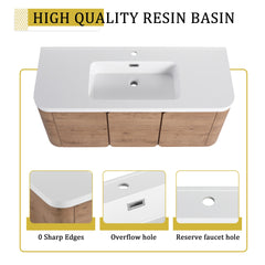 48'' Wall-Mounted Bathroom Vanity with White Resin Sink & 3-Soft-Close Door, KD-Packing, Plywood, Imitative Oak