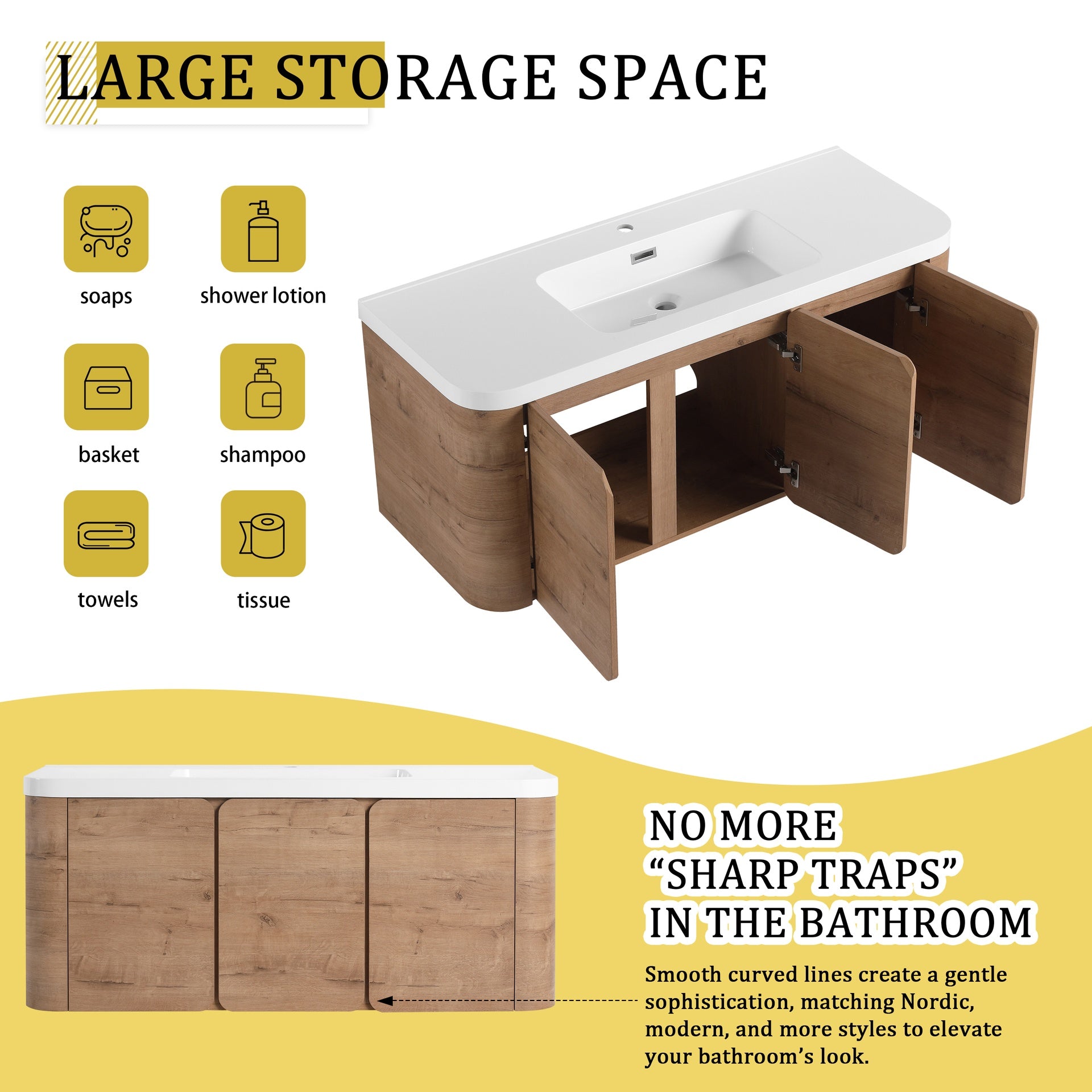 48'' Wall-Mounted Bathroom Vanity with White Resin Sink & 3-Soft-Close Door, KD-Packing, Plywood, Imitative Oak