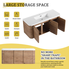 48'' Wall-Mounted Bathroom Vanity with White Resin Sink & 3-Soft-Close Door, KD-Packing, Plywood, Imitative Oak