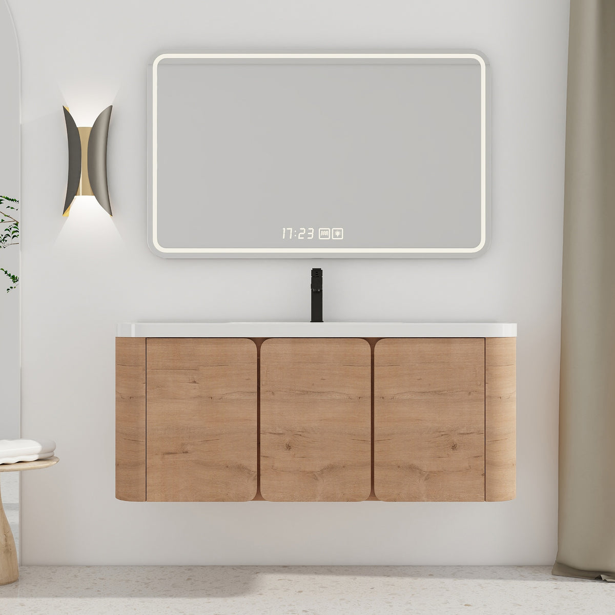48'' Wall-Mounted Bathroom Vanity with White Resin Sink & 3-Soft-Close Door, KD-Packing, Plywood, Imitative Oak