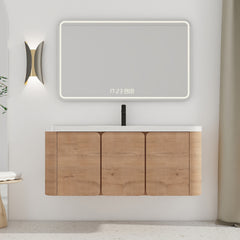 48'' Wall-Mounted Bathroom Vanity with White Resin Sink & 3-Soft-Close Door, KD-Packing, Plywood, Imitative Oak