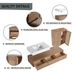 60 inch Wall-Mounted Bathroom Vanity with Resin Sink and 2-Side Cabinet, 3-Soft Close Drawer, Float Mounting Design