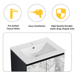 24" Wall-Mounted Bathroom Vanity With Ceramic Sink and Side Cabinet & Soft Close Doors, Combination Cabinet (KD-Package)