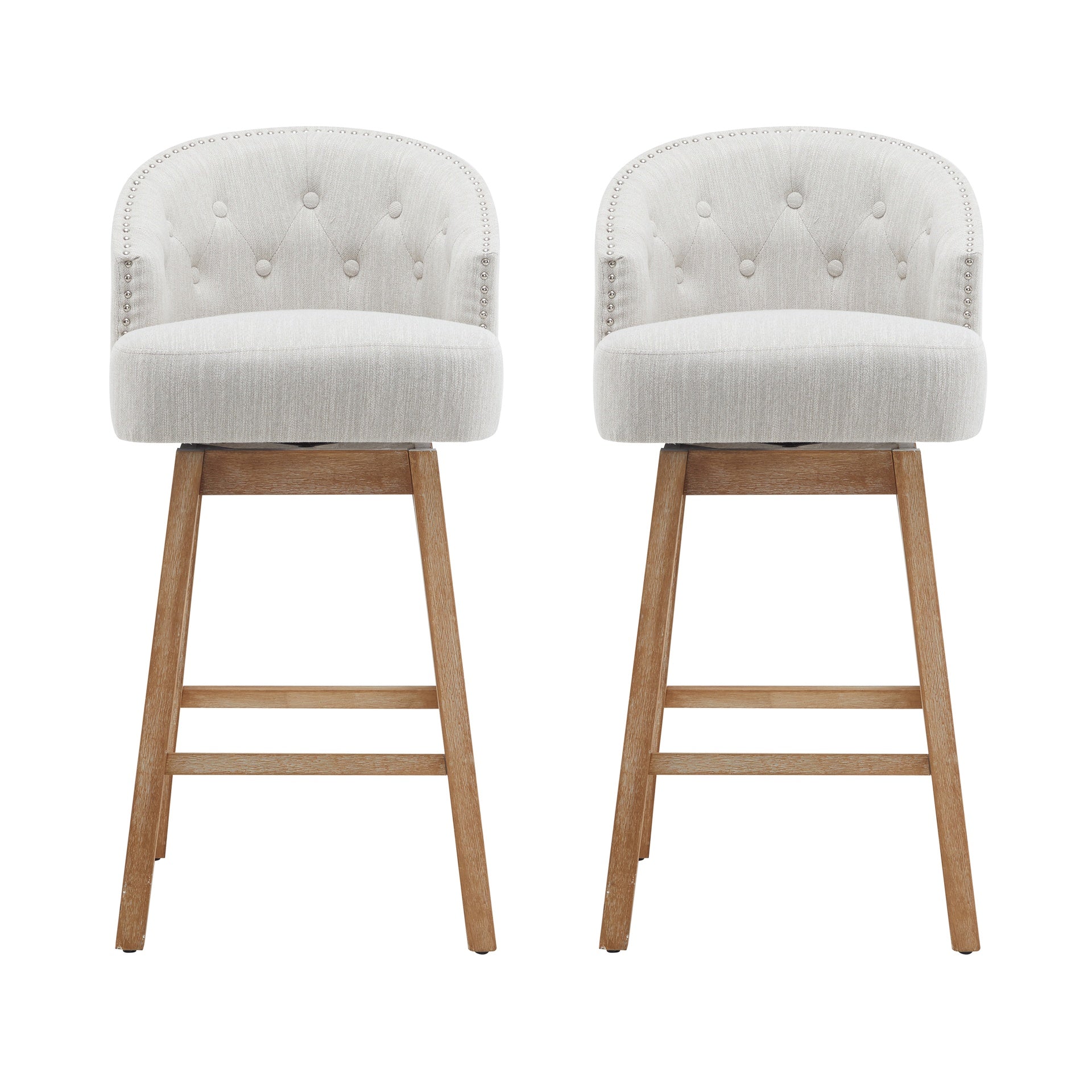 33.25" Swivel Counter Stools Set of 2, Upholstered Counter Height Bar Stools with Solid Rubber Wood Frame, Backrest, Footrest, Armless Barstools for Home Bar, Kitchen Counter, Natural + Beige