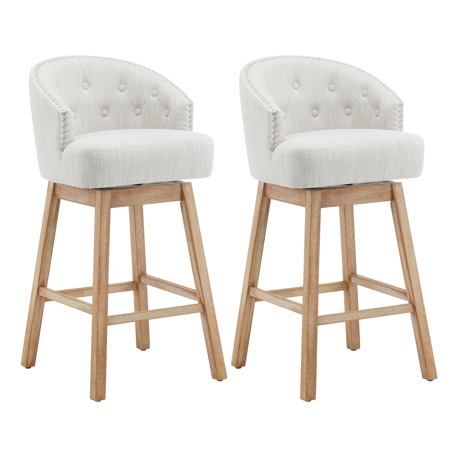 33.25" Swivel Counter Stools Set of 2, Upholstered Counter Height Bar Stools with Solid Rubber Wood Frame, Backrest, Footrest, Armless Barstools for Home Bar, Kitchen Counter, Natural + Beige