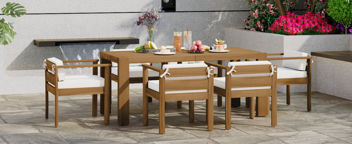 TREXM 7-Piece Patio Dining Table Set for 6,Outdoor Furniture Sets with 72.8"Rectangle Table,Patio Table and Chairs Set with Removable Cushions for Backyard,Garden,Poolside(Light Teak+Beige Cushion)