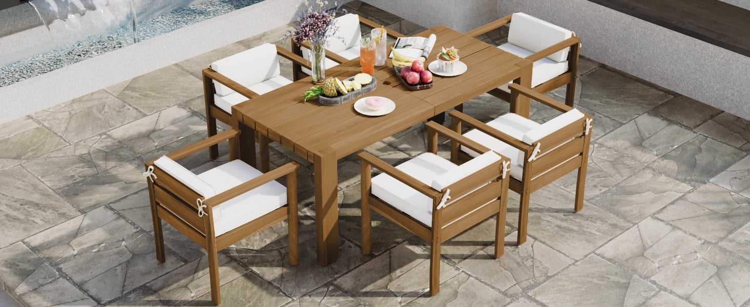 TREXM 7-Piece Patio Dining Table Set for 6,Outdoor Furniture Sets with 72.8"Rectangle Table,Patio Table and Chairs Set with Removable Cushions for Backyard,Garden,Poolside(Light Teak+Beige Cushion)