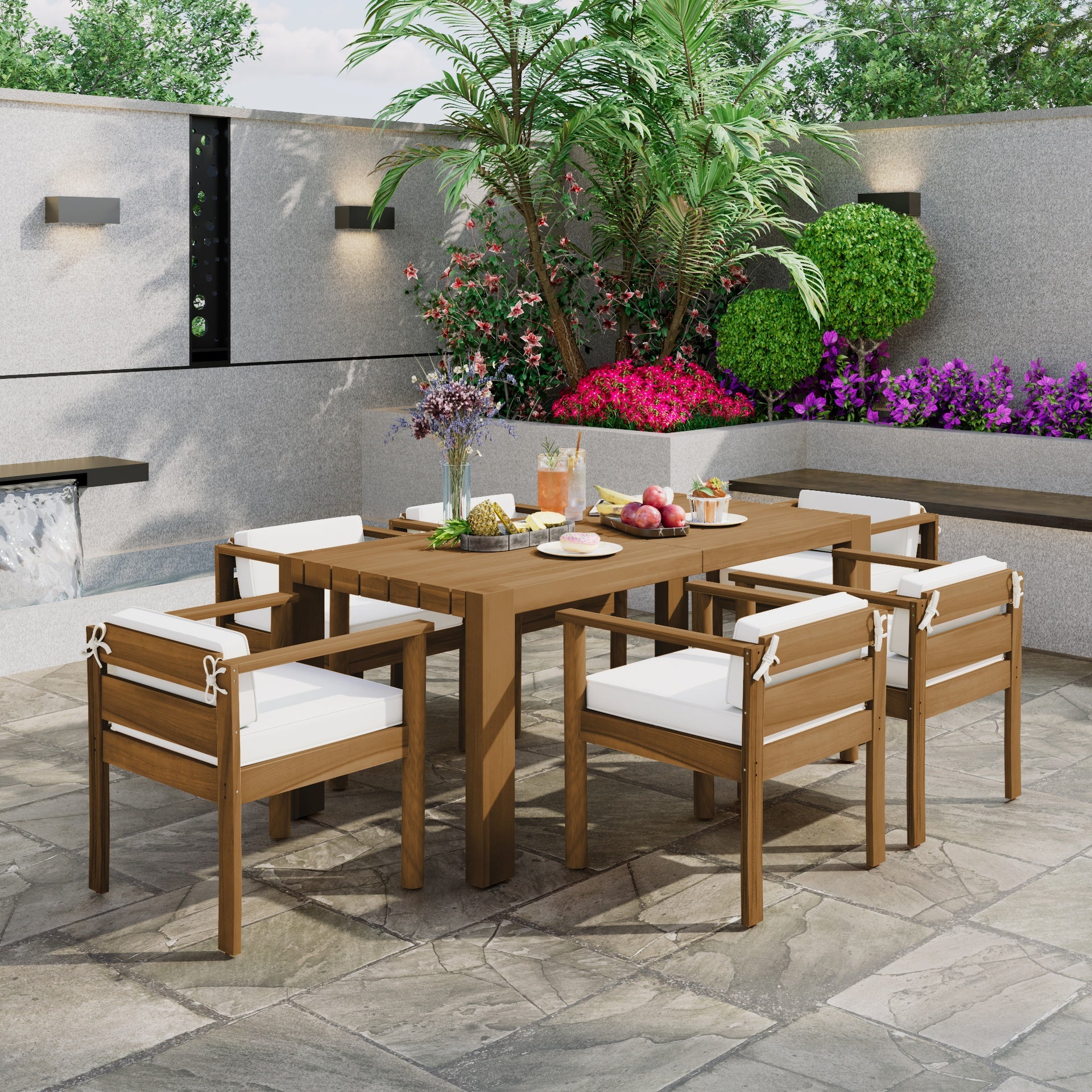 TREXM 7-Piece Patio Dining Table Set for 6,Outdoor Furniture Sets with 72.8"Rectangle Table,Patio Table and Chairs Set with Removable Cushions for Backyard,Garden,Poolside(Light Teak+Beige Cushion)