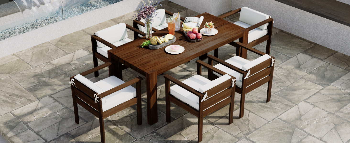 TREXM 7-Piece Patio Dining Table Set for 6, Outdoor Furniture Sets with 72.8" Rectangle Table, Patio Table and Chairs Set with Removable Cushions for Backyard, Garden, Poolside (Mocha + Beige Cushion)