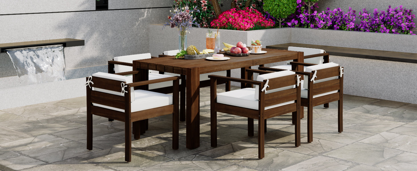 TREXM 7-Piece Patio Dining Table Set for 6, Outdoor Furniture Sets with 72.8" Rectangle Table, Patio Table and Chairs Set with Removable Cushions for Backyard, Garden, Poolside (Mocha + Beige Cushion)