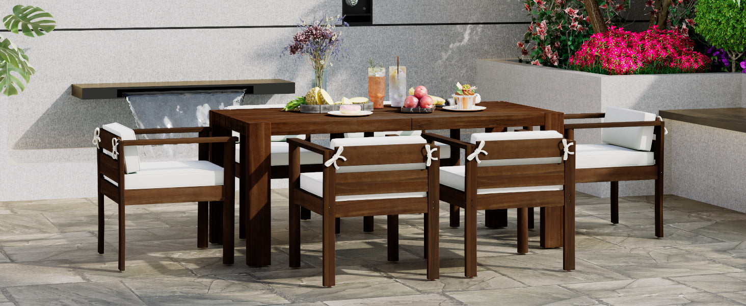 TREXM 7-Piece Patio Dining Table Set for 6, Outdoor Furniture Sets with 72.8" Rectangle Table, Patio Table and Chairs Set with Removable Cushions for Backyard, Garden, Poolside (Mocha + Beige Cushion)