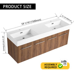 60 Inch Wall-Mounted Bathroom Vanity with Sink, Thick Edged Double Resin Sink, KD-Package