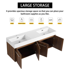 60 Inch Wall-Mounted Bathroom Vanity with Sink, Thick Edged Double Resin Sink, KD-Package