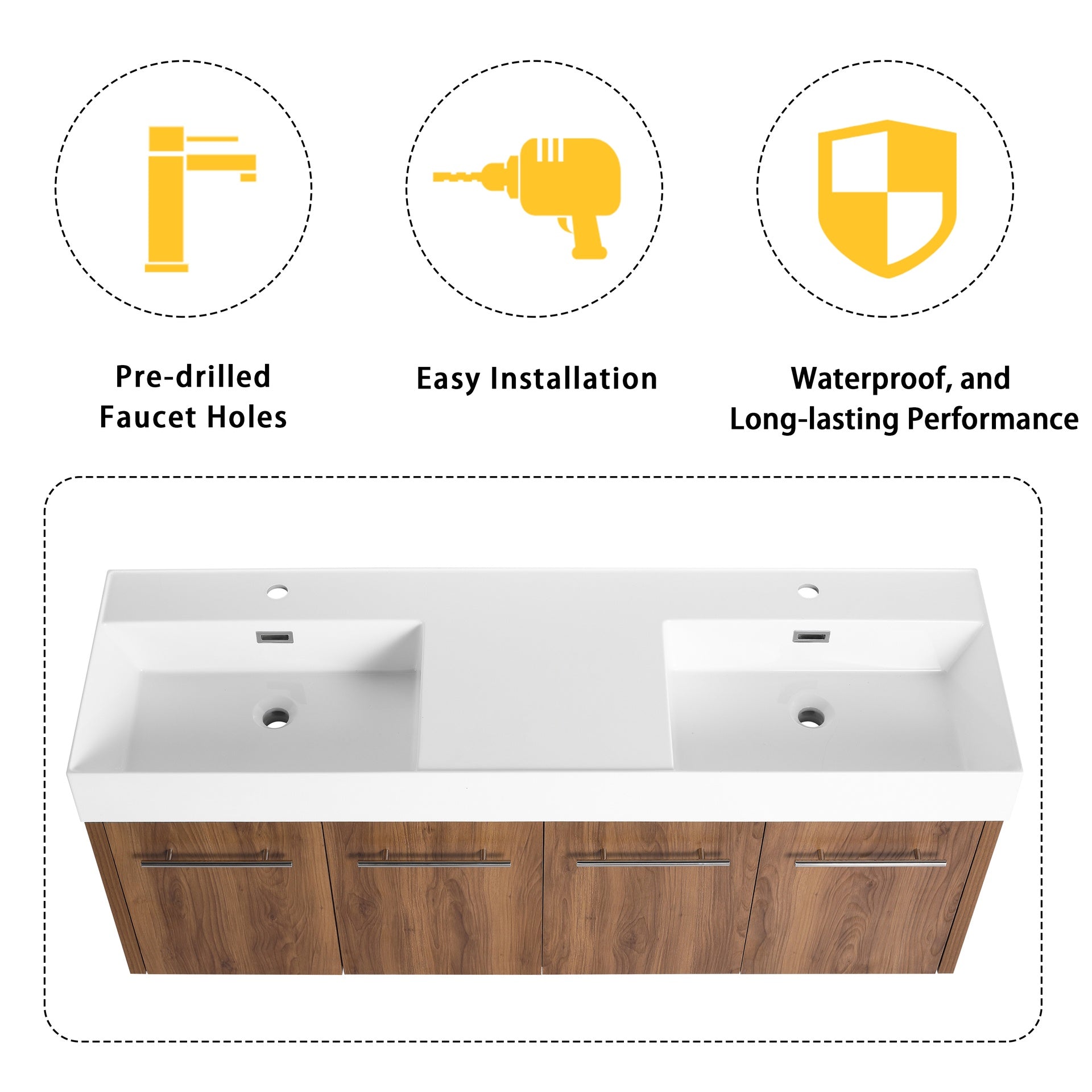 60 Inch Wall-Mounted Bathroom Vanity with Sink, Thick Edged Double Resin Sink, KD-Package