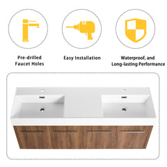 60 Inch Wall-Mounted Bathroom Vanity with Sink, Thick Edged Double Resin Sink, KD-Package