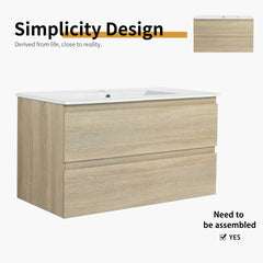 36" Wall-Mounted Bathroom Vanity With Ceramic Sink, 2-Soft Close Drawers, KD-Package