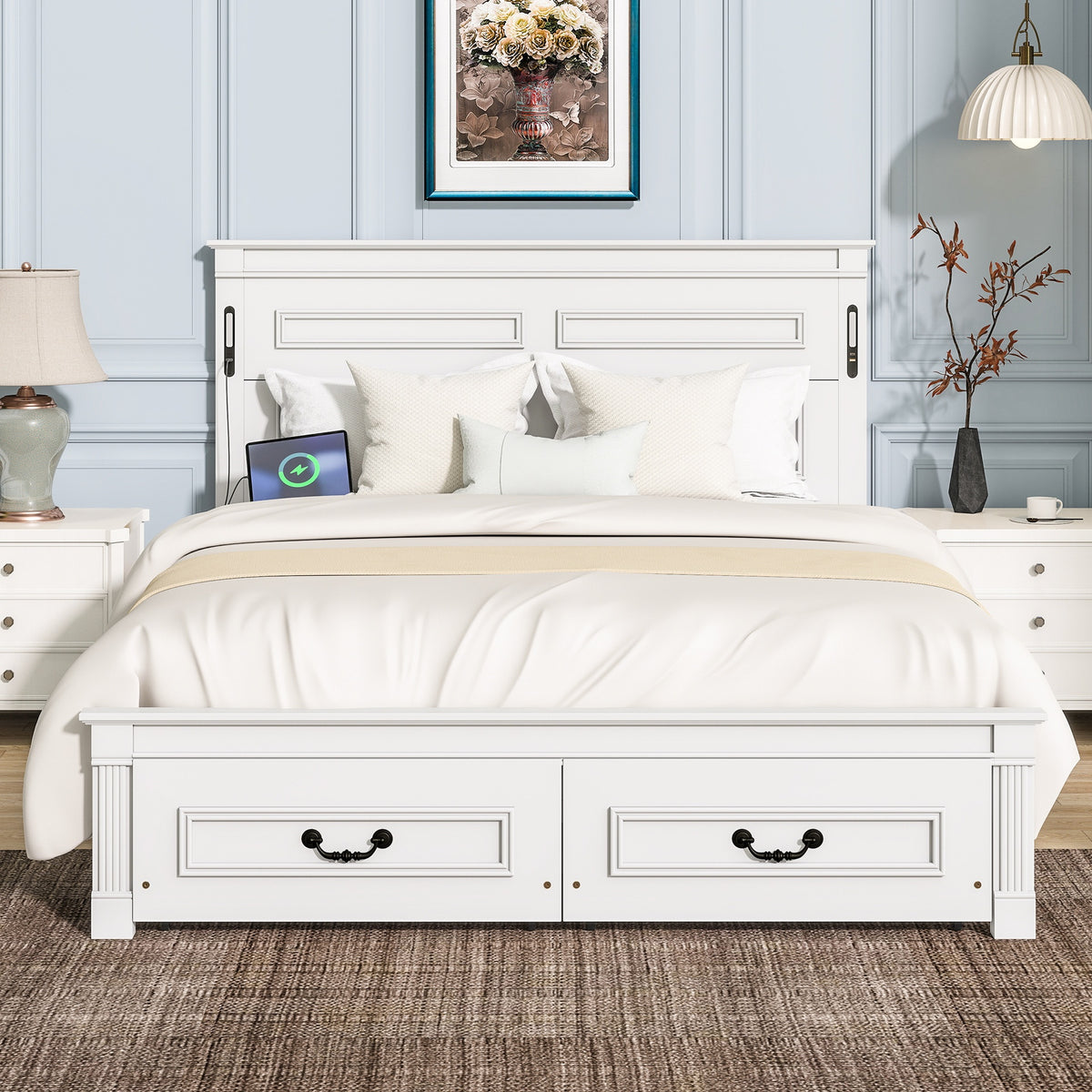 Queen Size Bed with Tall-Panel Headboard & Footboard, 2 Storage Drawers, Built-in LED Lights, USB Charging Station, Pinewood Bed with Strengthened Bed Frame,White