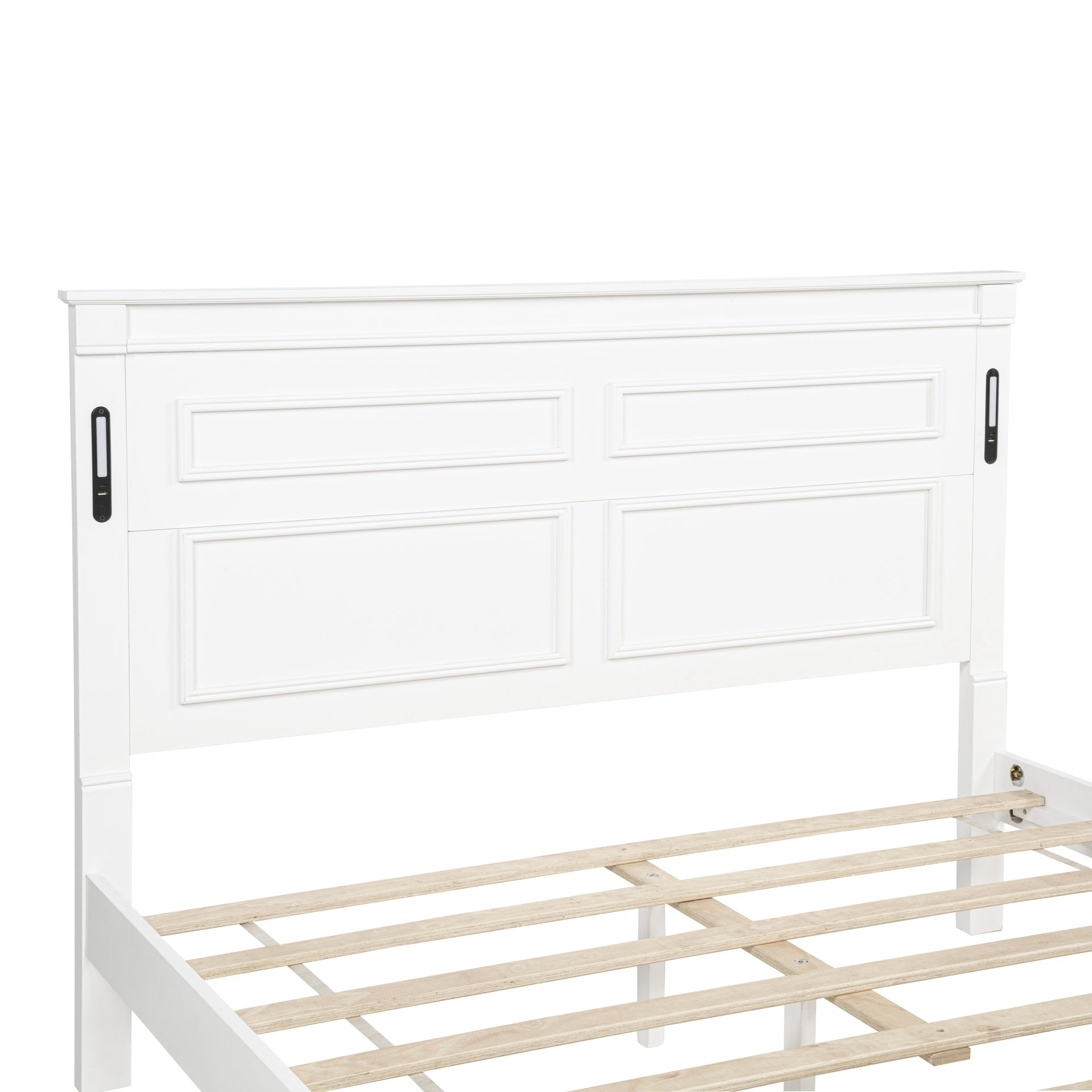 Queen Size Bed with Tall-Panel Headboard & Footboard, 2 Storage Drawers, Built-in LED Lights, USB Charging Station, Pinewood Bed with Strengthened Bed Frame,White