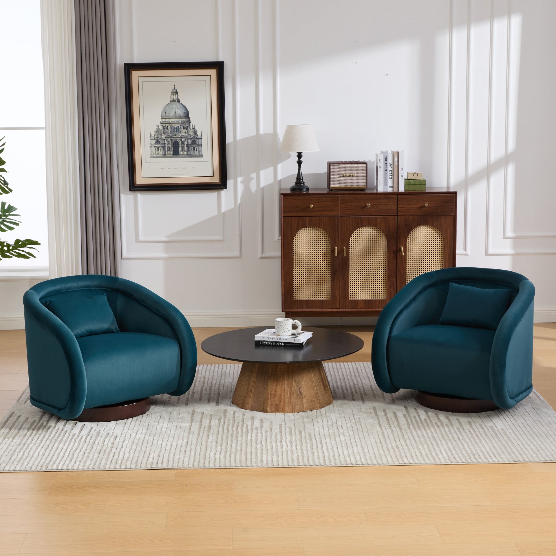 Swivel Accent Chair, 360-degree Swivel Barrel Chair with Velvet Fabric Upholstery, Comfy Pumpkin-Shaped Swivel Chair for Living Room, Bedroom, or Office