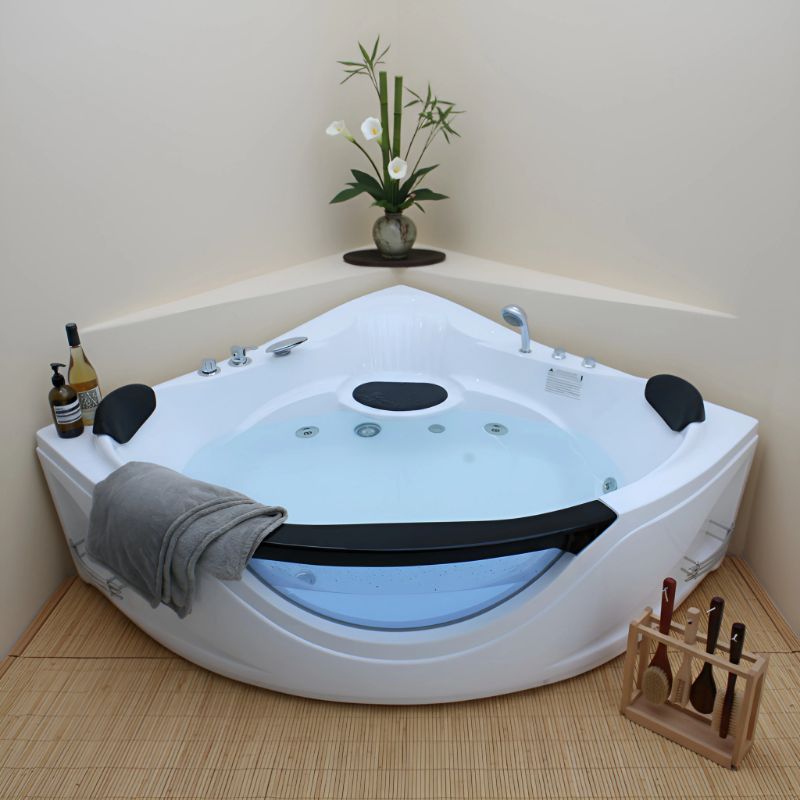 59" Corner Whirlpool Bathtub for 2-Person, Luxury Jetted Spa Tub with 6 Hydro Massage Jets, Chromatherapy LED Lights &Pneumatic adjust system, UL Certified water pump,UPC Certified drainer