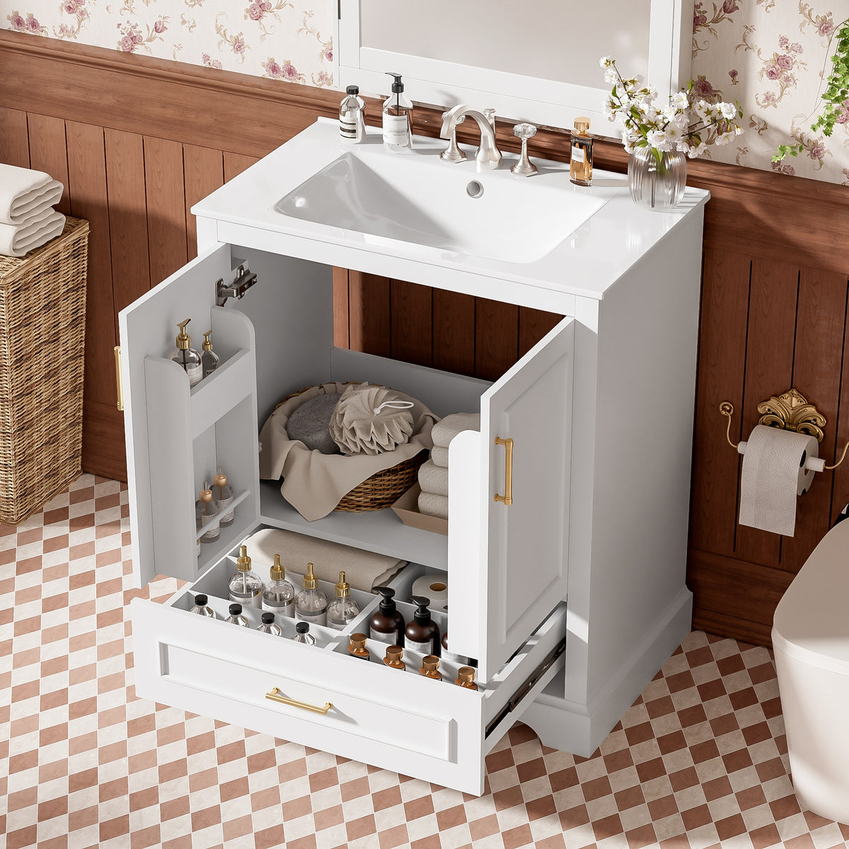 30" Bathroom Vanity with Sink, MDF and Solid Wood Frame, 1 Divider Drawer and 2 Soft-close Doors (Double Shelf on Door), Freestanding Vanity