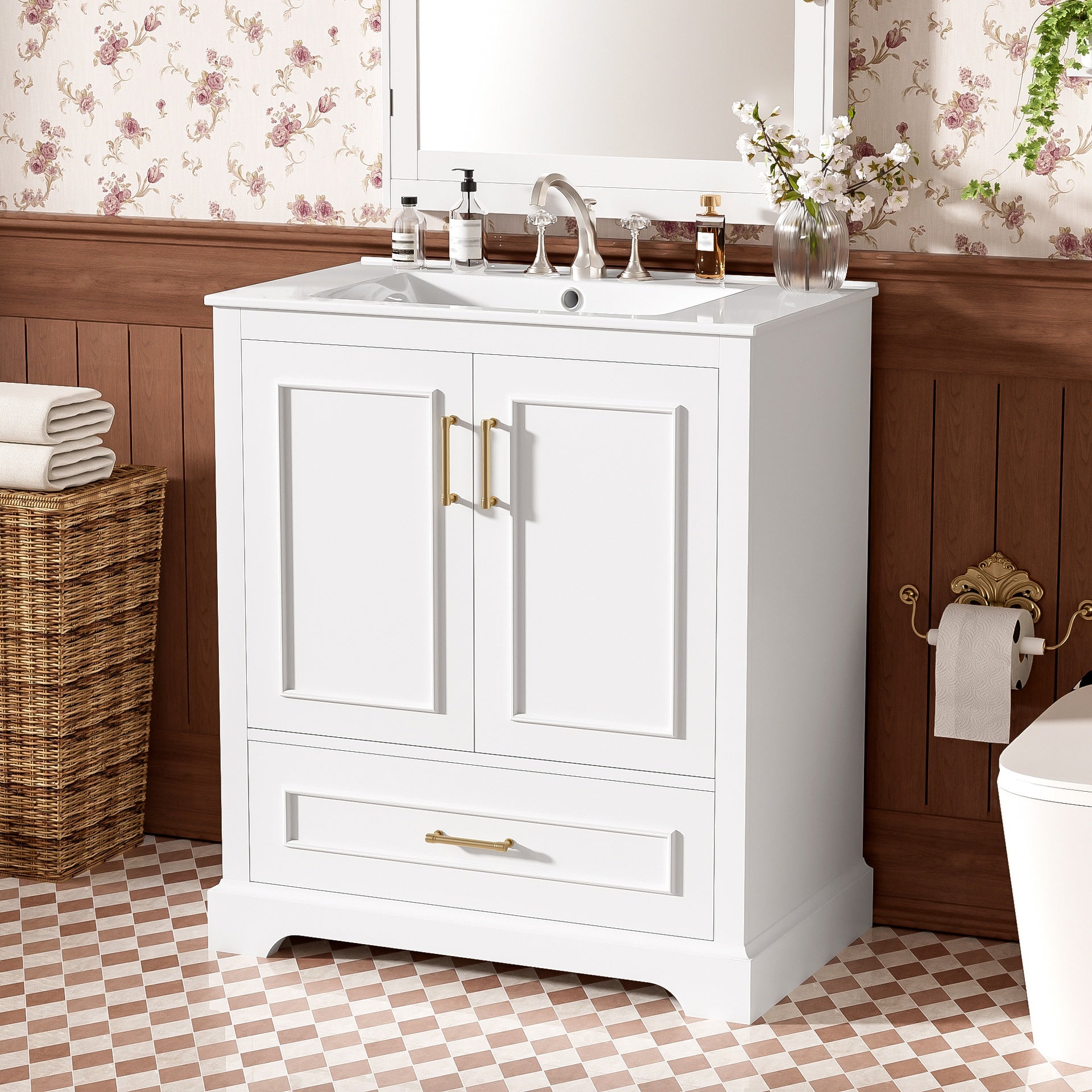 30" Bathroom Vanity with Sink, MDF and Solid Wood Frame, 1 Divider Drawer and 2 Soft-close Doors (Double Shelf on Door), Freestanding Vanity
