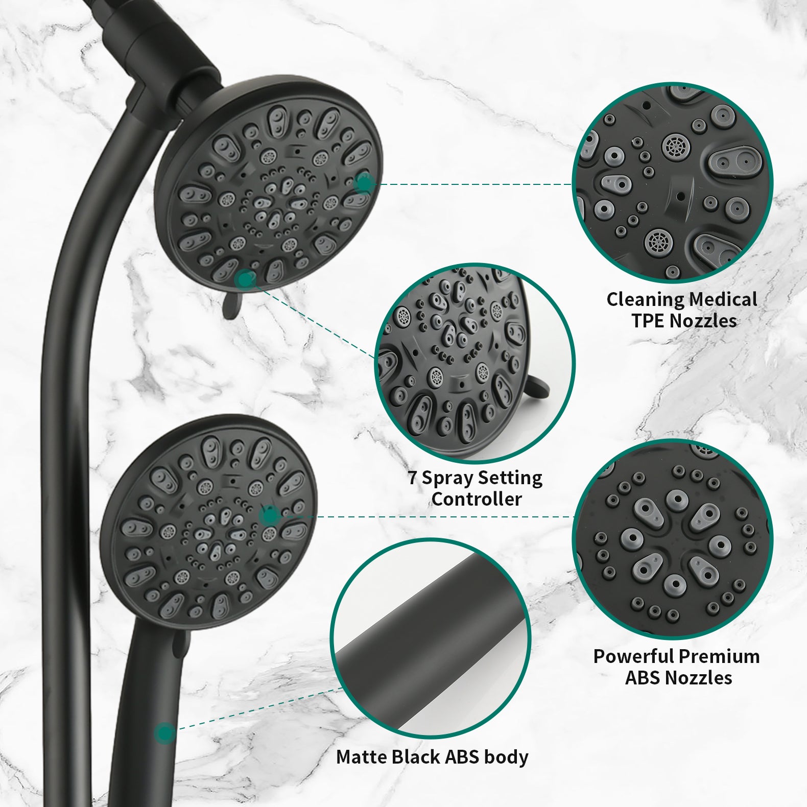 Drill-Free Stainless Steel Slide Bar Combo Rain Showerhead 7-Setting Hand, Dual Shower Head Spa System with Tup Spout (Rough-in Valve Included)
