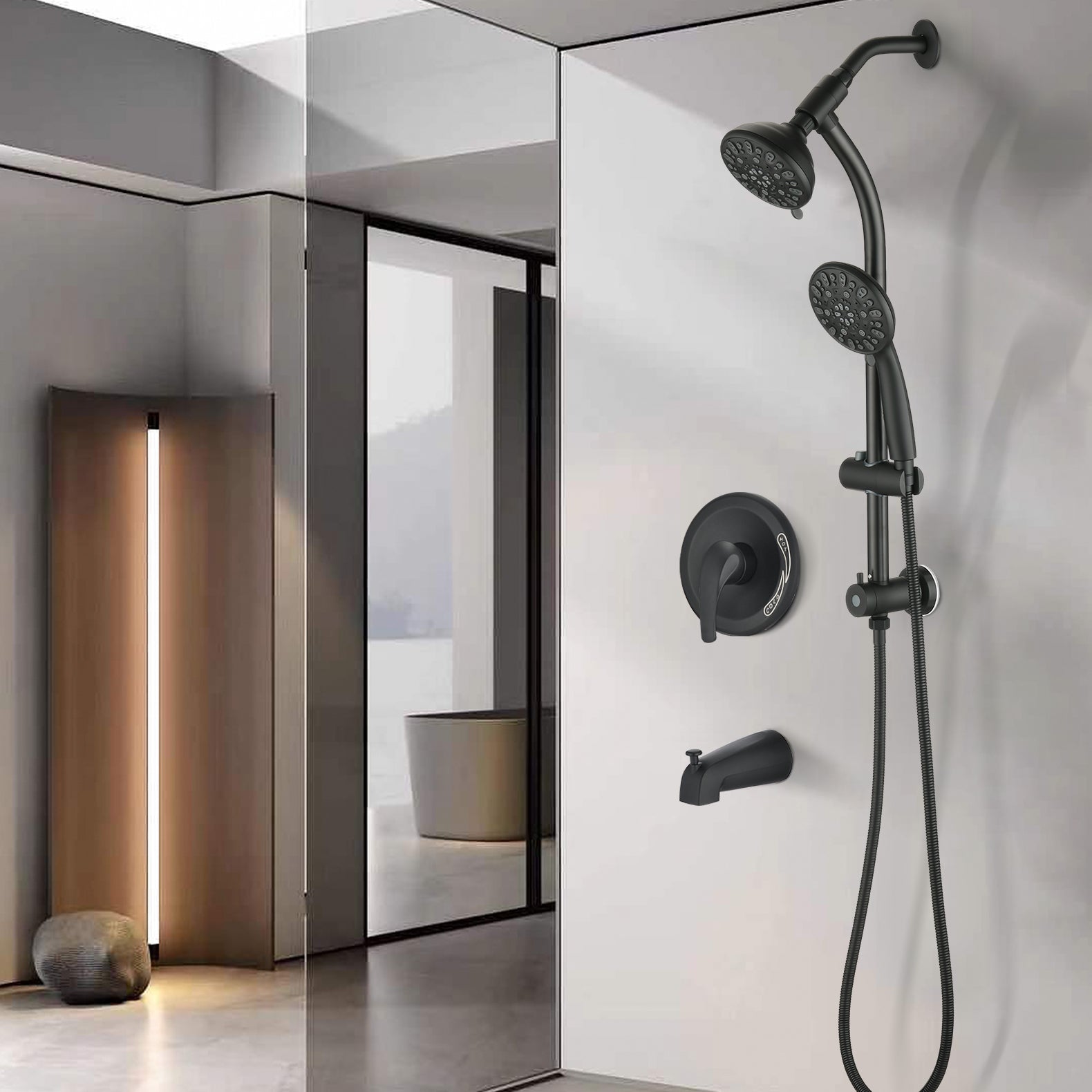 Drill-Free Stainless Steel Slide Bar Combo Rain Showerhead 7-Setting Hand, Dual Shower Head Spa System with Tup Spout (Rough-in Valve Included)