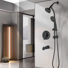 Drill-Free Stainless Steel Slide Bar Combo Rain Showerhead 7-Setting Hand, Dual Shower Head Spa System with Tup Spout (Rough-in Valve Included)