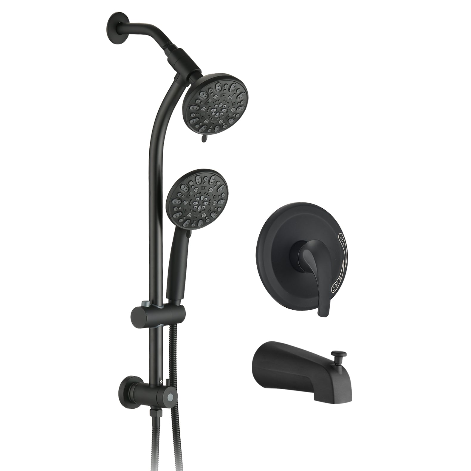 Drill-Free Stainless Steel Slide Bar Combo Rain Showerhead 7-Setting Hand, Dual Shower Head Spa System with Tup Spout (Rough-in Valve Included)