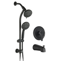 Drill-Free Stainless Steel Slide Bar Combo Rain Showerhead 7-Setting Hand, Dual Shower Head Spa System with Tup Spout (Rough-in Valve Included)