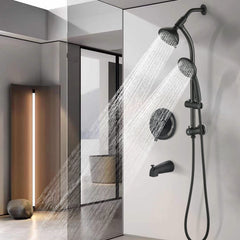 Drill-Free Stainless Steel Slide Bar Combo Rain Showerhead 7-Setting Hand, Dual Shower Head Spa System with Tup Spout (Rough-in Valve Included)