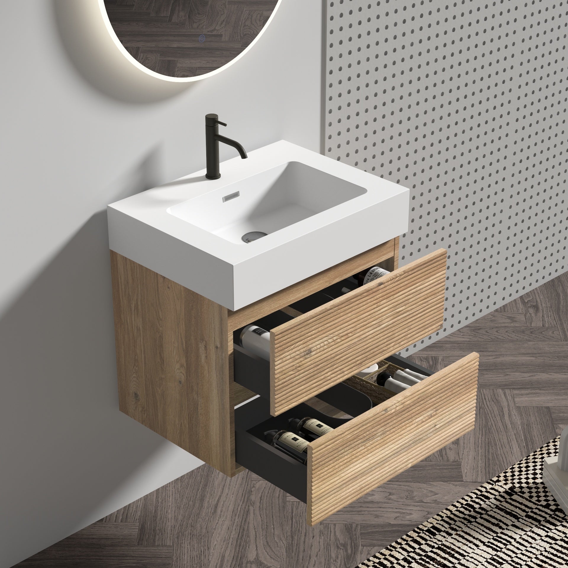 Grace 24   Rough Oak+Rough Oak Bathroom Vanity with White Glossy Engineered Quartz Sink and Soft Drawers, Wall Mounted Floating Bathroom Vanity for Modern Bathroom, without drainage and faucet, KD