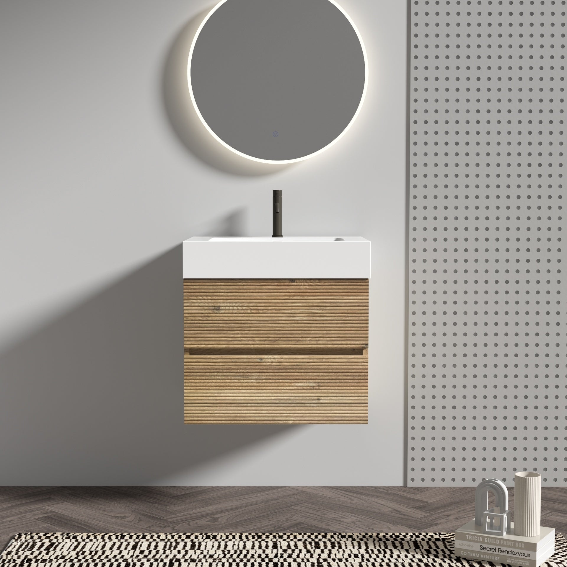 Grace 24   Rough Oak+Rough Oak Bathroom Vanity with White Glossy Engineered Quartz Sink and Soft Drawers, Wall Mounted Floating Bathroom Vanity for Modern Bathroom, without drainage and faucet, KD