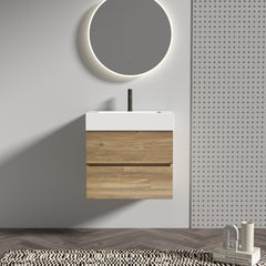 Grace 24   Rough Oak+Rough Oak Bathroom Vanity with White Glossy Engineered Quartz Sink and Soft Drawers, Wall Mounted Floating Bathroom Vanity for Modern Bathroom, without drainage and faucet, KD