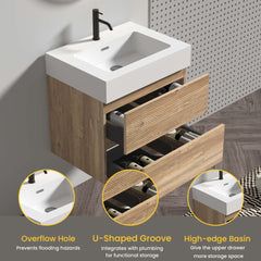 Grace 24   Rough Oak+Rough Oak Bathroom Vanity with White Glossy Engineered Quartz Sink and Soft Drawers, Wall Mounted Floating Bathroom Vanity for Modern Bathroom, without drainage and faucet, KD