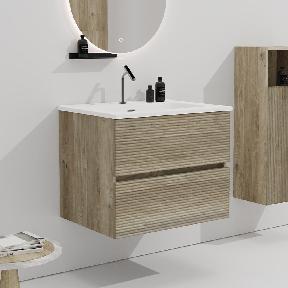 Gloria 24" Wall Mounted Rough Oak&Rough Oak Bathroom Vanity with Integrated Ceramic Sink with Overflow, Large Storage Floating Bathroom Vanity for Modern Bathroom,KD