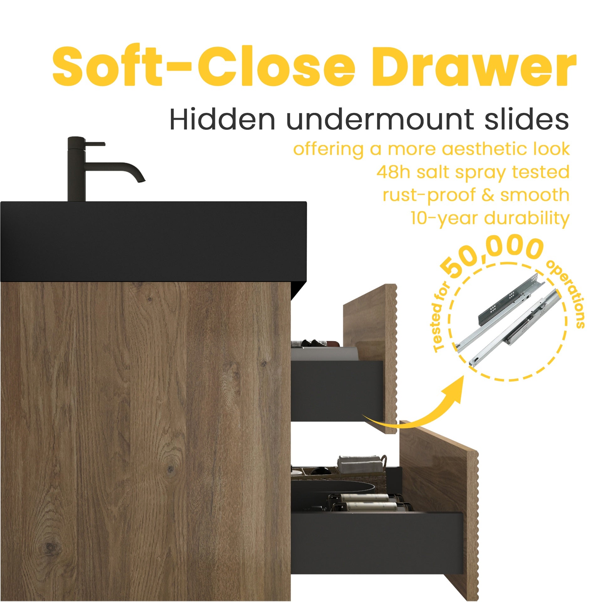 Grace 24' Bathroom Vanity with Oak Engineered Quartz Sink and Soft Black Drawers, Wall Mounted Floating Bathroom Vanity for Modern Bathroom, One-Piece Matt Black Basin without drainage and faucet, KD
