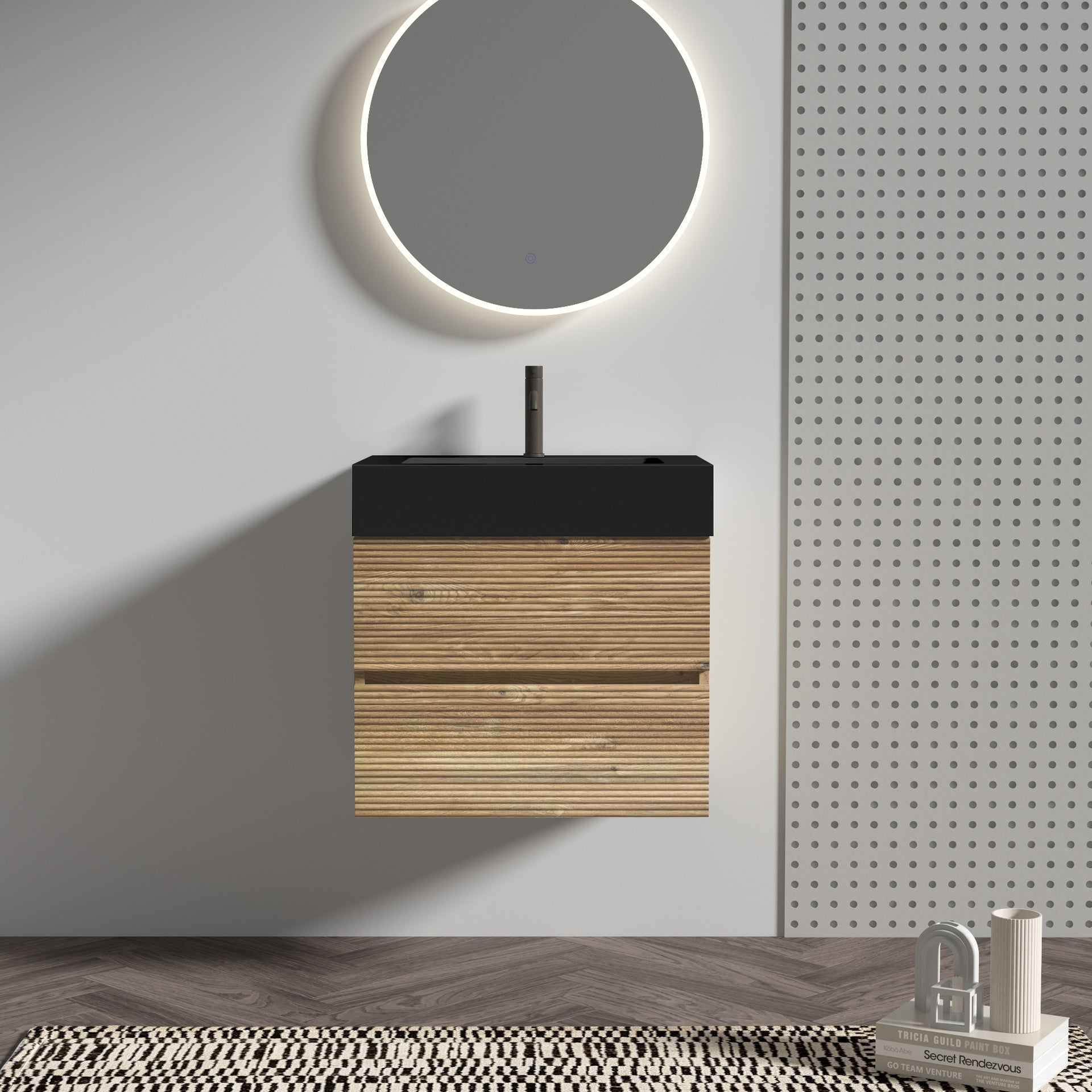 Grace 24' Bathroom Vanity with Oak Engineered Quartz Sink and Soft Black Drawers, Wall Mounted Floating Bathroom Vanity for Modern Bathroom, One-Piece Matt Black Basin without drainage and faucet, KD