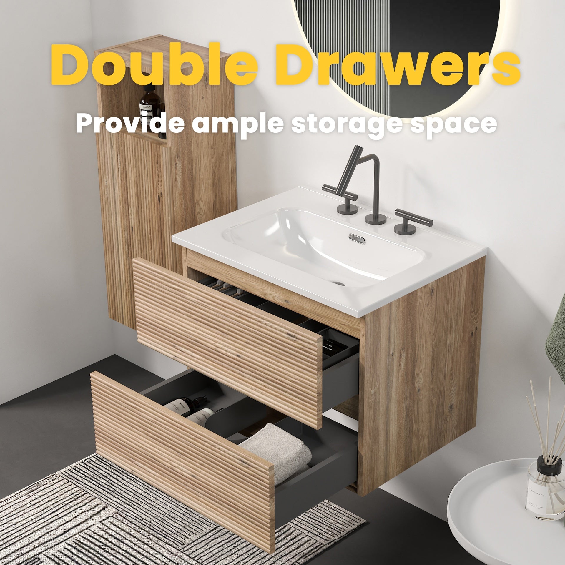 Gloria 24" Wall Mounted Rough Oak&Rough Oak Bathroom Vanity with Integrated Ceramic Sink with 3 holes, Overflow, Large Storage Floating Bathroom Vanity for Modern Bathroom, KD