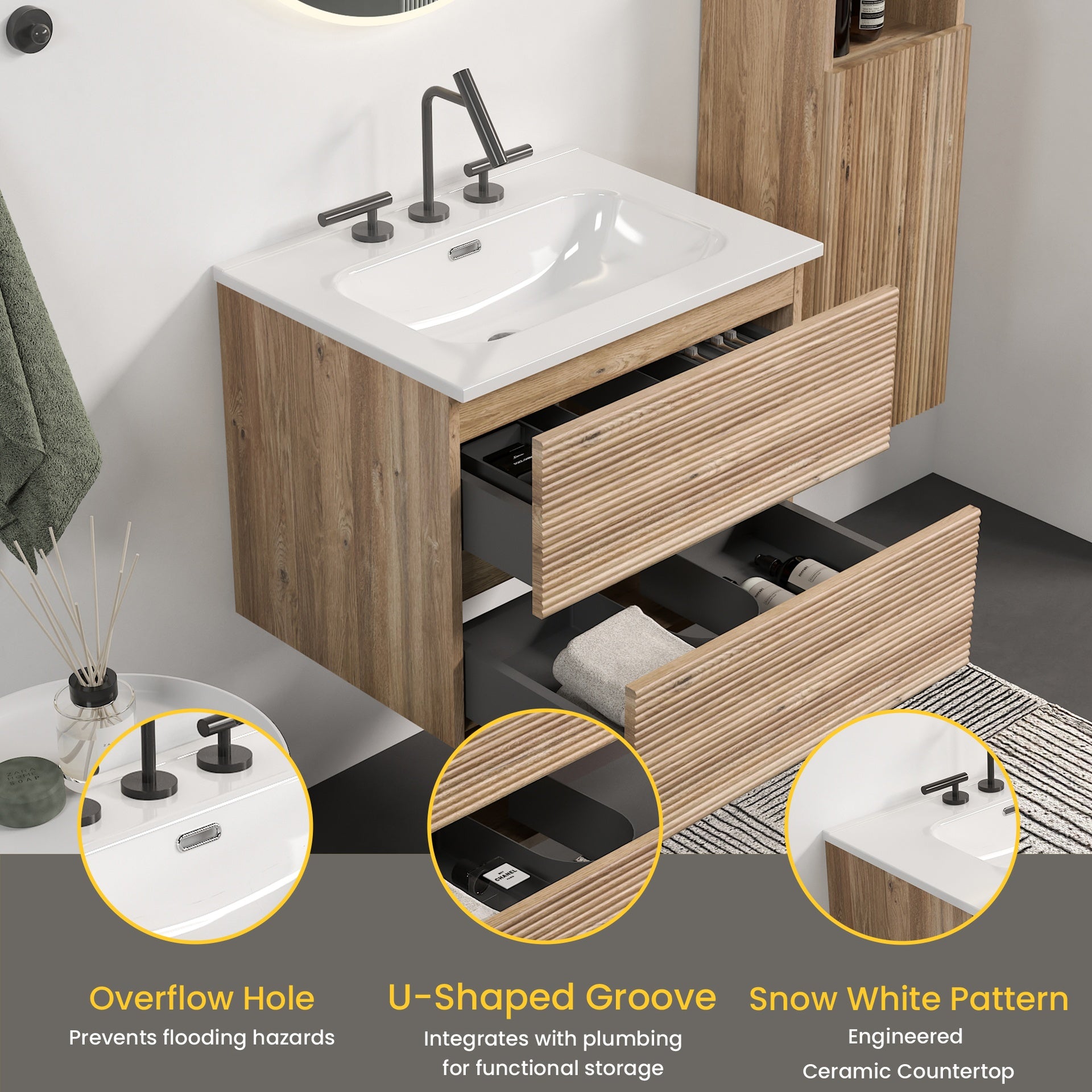 Gloria 24" Wall Mounted Rough Oak&Rough Oak Bathroom Vanity with Integrated Ceramic Sink with 3 holes, Overflow, Large Storage Floating Bathroom Vanity for Modern Bathroom, KD