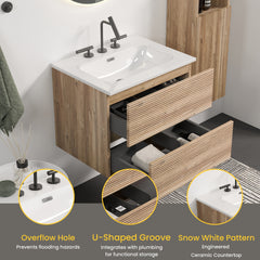 Gloria 24" Wall Mounted Rough Oak&Rough Oak Bathroom Vanity with Integrated Ceramic Sink with 3 holes, Overflow, Large Storage Floating Bathroom Vanity for Modern Bathroom, KD